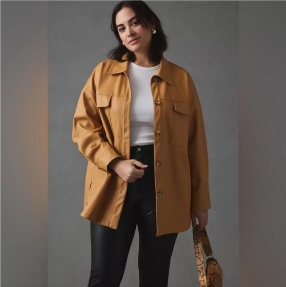 Maeve Anthropologie Faux Leather Oversized Shirt Jacket Shacket Camel Brown - Picture 1 of 8